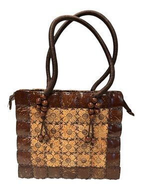 Brown Coconut Patchwork Shell Tote Bag with Rope Handles and beaded Accents